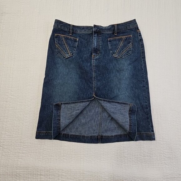 Venezia Denim Skirt Women's Size 18 Stretch Blue Pockets Front Vent EUC LN - Picture 2 of 10